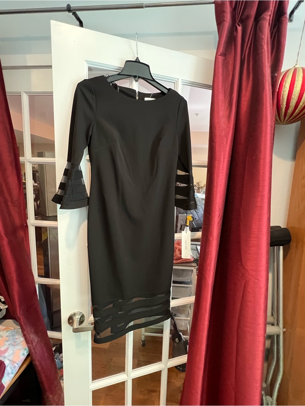 Calvin Klein Black Midi Dress with Sheer Stripe Accents